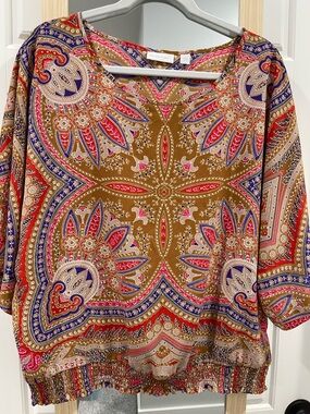 New York & Company Multicolor Paisley Scoop-Neck Blouse — Brown, Pink, Blue